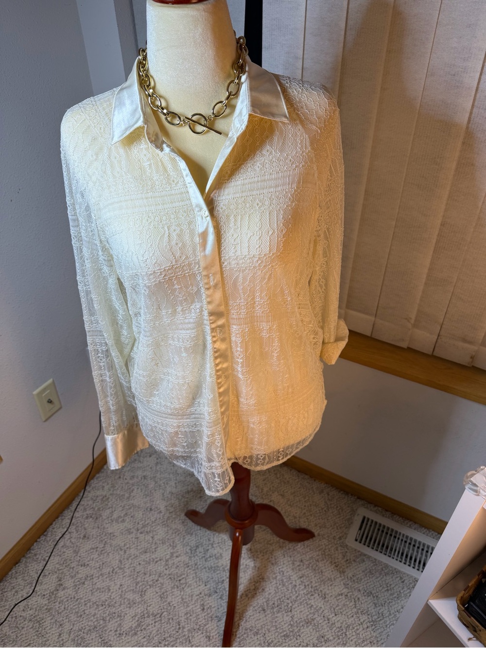 Jason Wu Women’s Ivory Sheer Lace Satin Trim Button Down Blouse Size M
